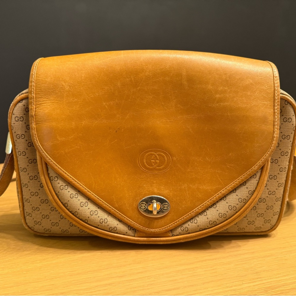 Brown Leather and Canvas Shoulder Bag